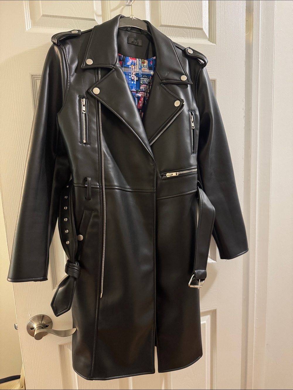 MOTHER Black Faux Leather Long Moto Coat with Belt